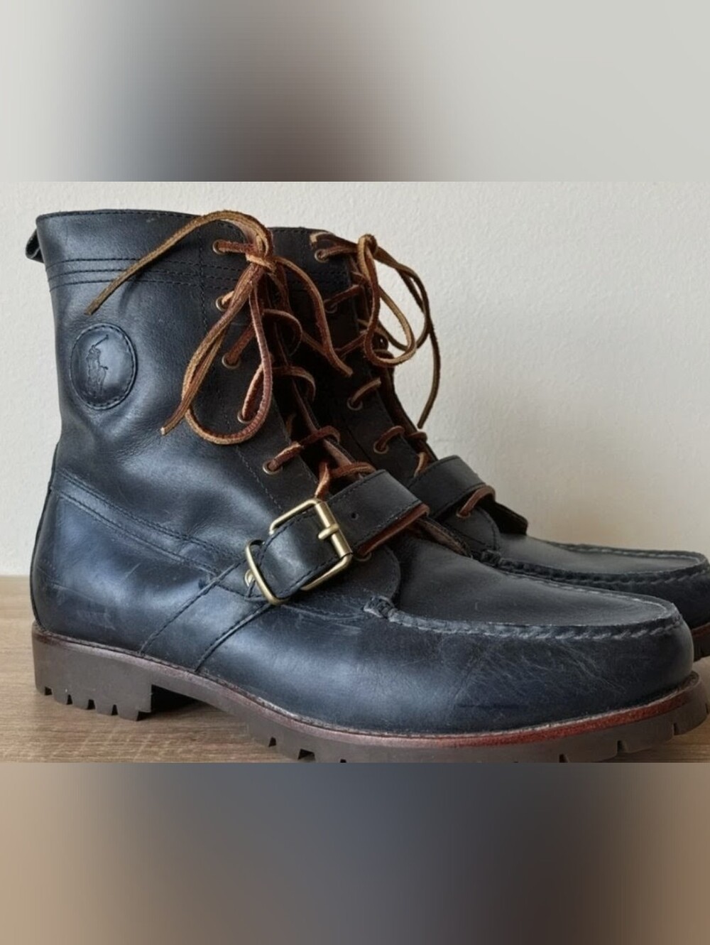 Ralph Lauren Newport Navy Leather Lace-Up Ranger Boots. Size: 11